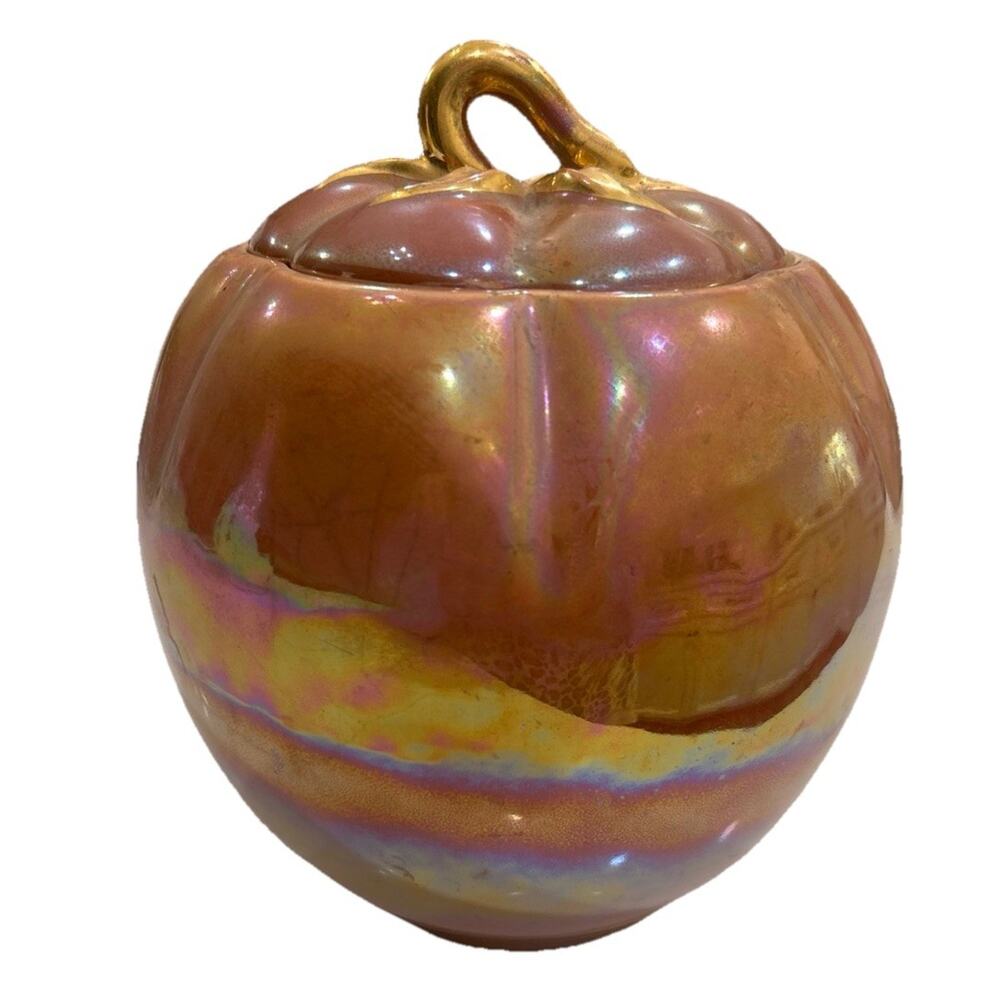Vtg Fall Pumpkin Canister Orange Lusterware Iridescent Gold Lid Stem Cookie Jar